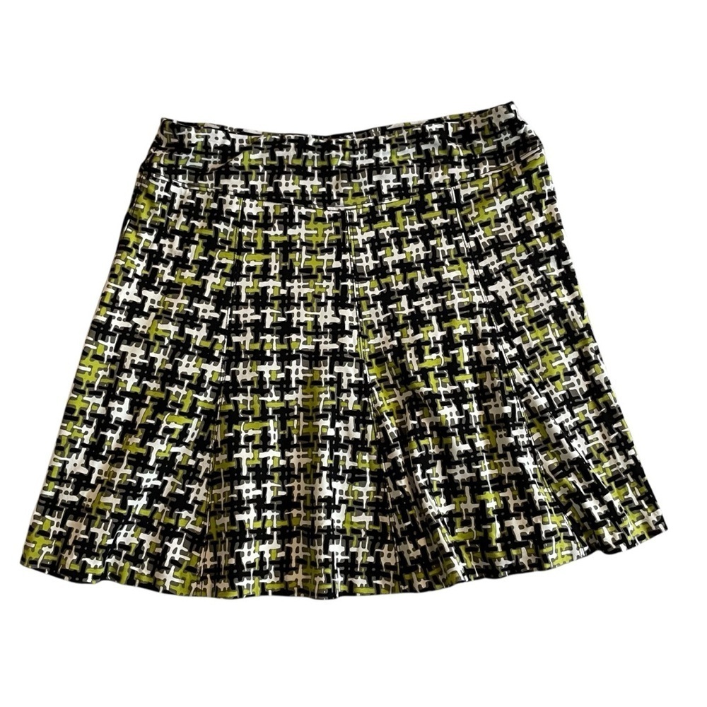 J McLaughlin Neon Yellow Brown White Mini Skirt Medium Geometric Pleated Preppy